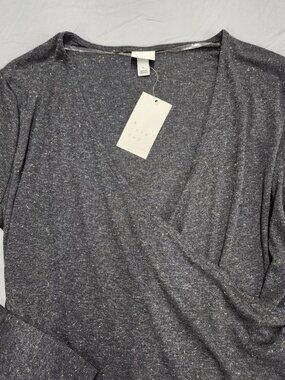 A New Day Womens L Gray Wrap Blouse Metallic V-Neck Long Sleeve Knit Top